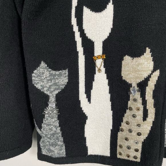 VTG Allison Daley Beaded Cat Sweater Size PL Black Full Zip Cardigan Fun Classic - Picture 6 of 16